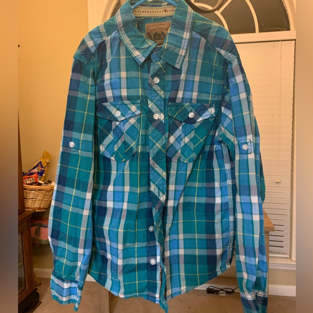 Red Camel brand. Boys Teal and Blue plaid long sleeve button up shirt